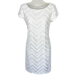 White House Black Market Shift Dress White Sequin Mesh Chevron Bridal Size M
